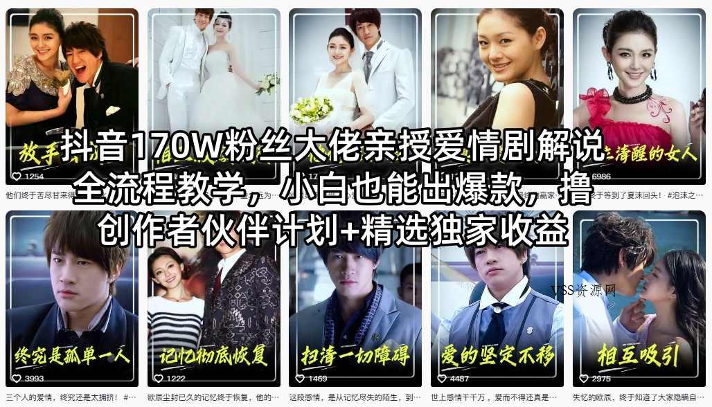抖音170W粉丝大佬亲授爱情剧解说全流程教学，小白也能出爆款，撸创作者伙伴计划+精选独家收益-VSS博客