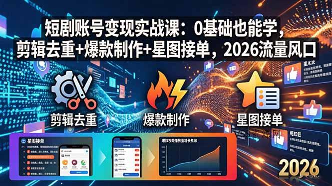 短剧账号变现实战课：0基础也能学，剪辑去重+爆款制作+星图接单，2026流量风口-VSS博客