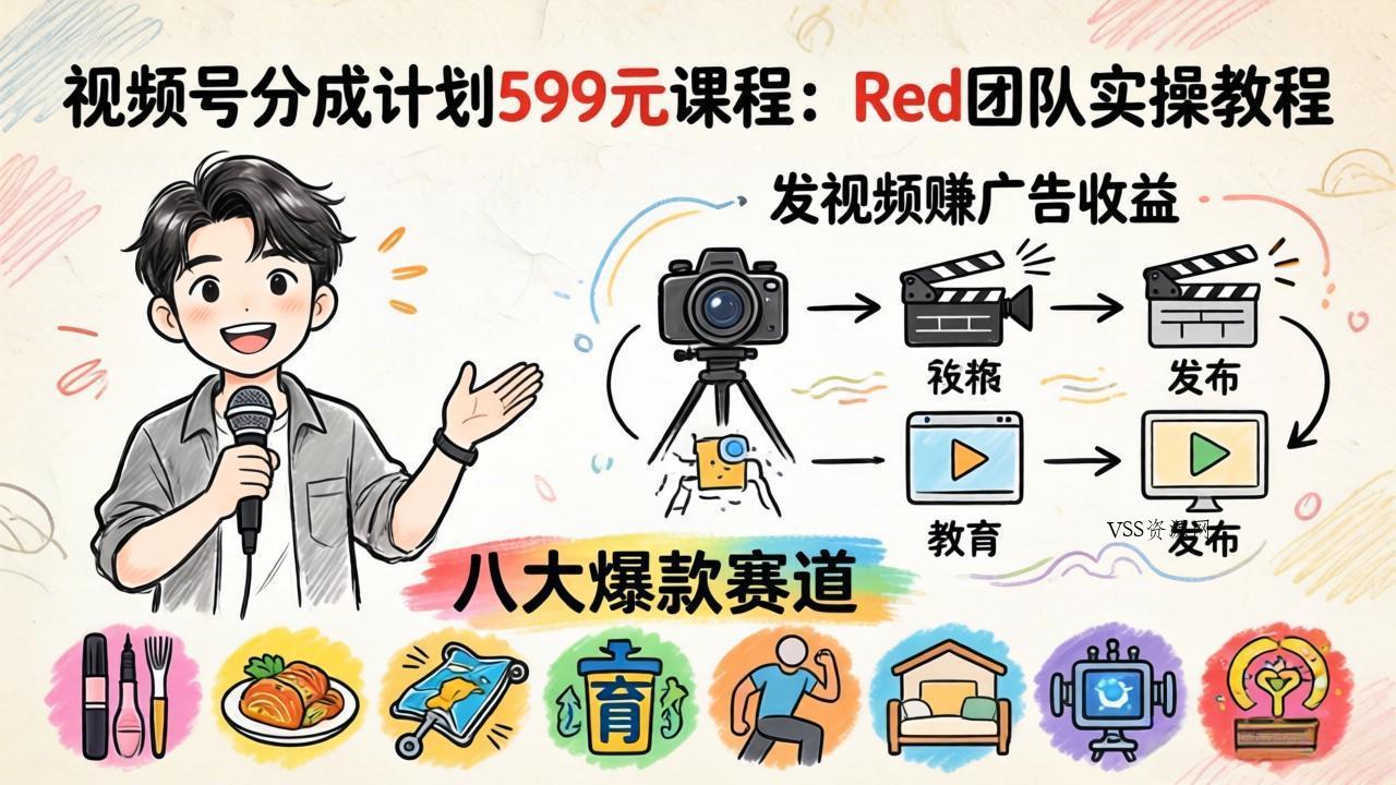 视频号分成计划599元课程：Red团队实操教程，发视频赚广告收益，八大爆款赛道全掌握-VSS博客