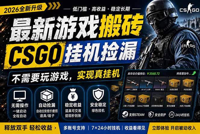 最新游戏搬砖，CSGO纯挂机，不需要玩游戏，实现真挂机，月入1W+，五一小高峰上车可吃肉，…-VSS博客