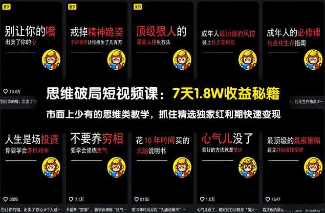 思维破局短视频课：7天1.8W收益秘籍：市面上少有的思维类教学，抓住精选独家红利期快速变现-VSS博客